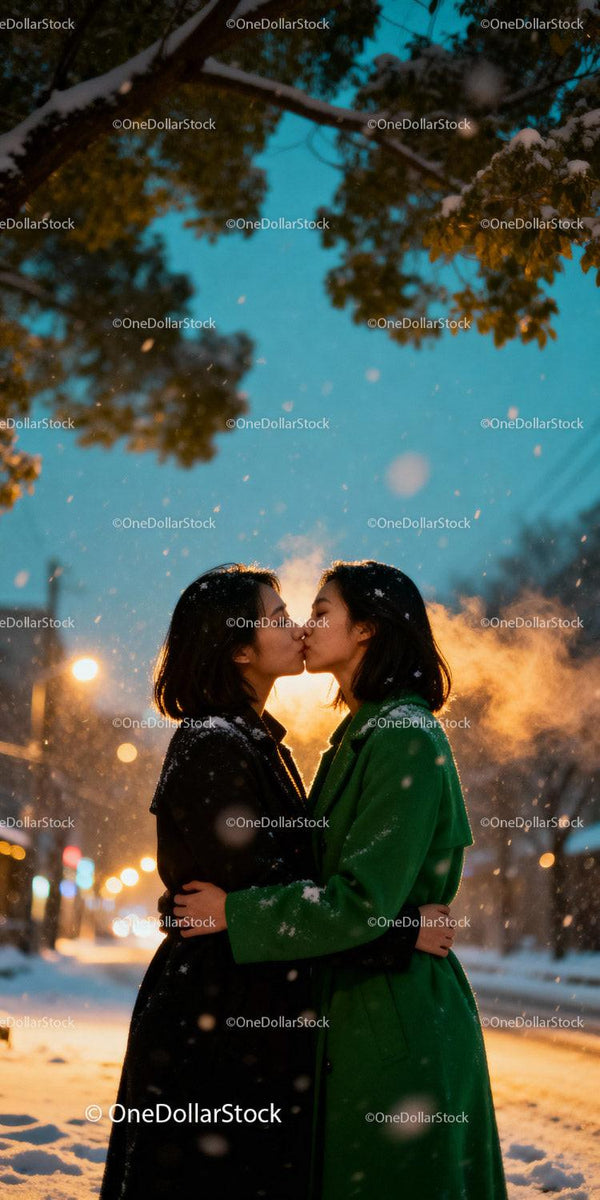 Couple Sharing Winter Kiss Amidst Snowy Evening Lights
