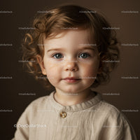 Curly toddler with freckles and serene expression in beige shirt