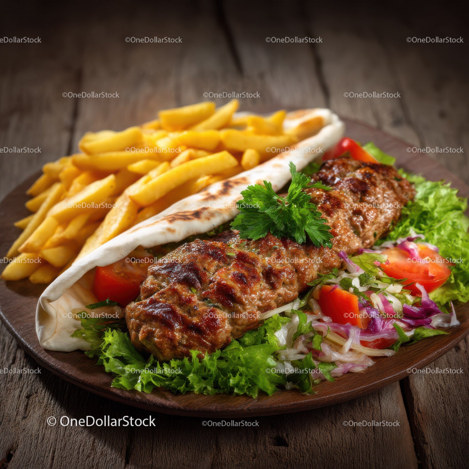 Soczysty kebab jagnięcy z frytkami i świeżą sałatką na drewnianym talerzu