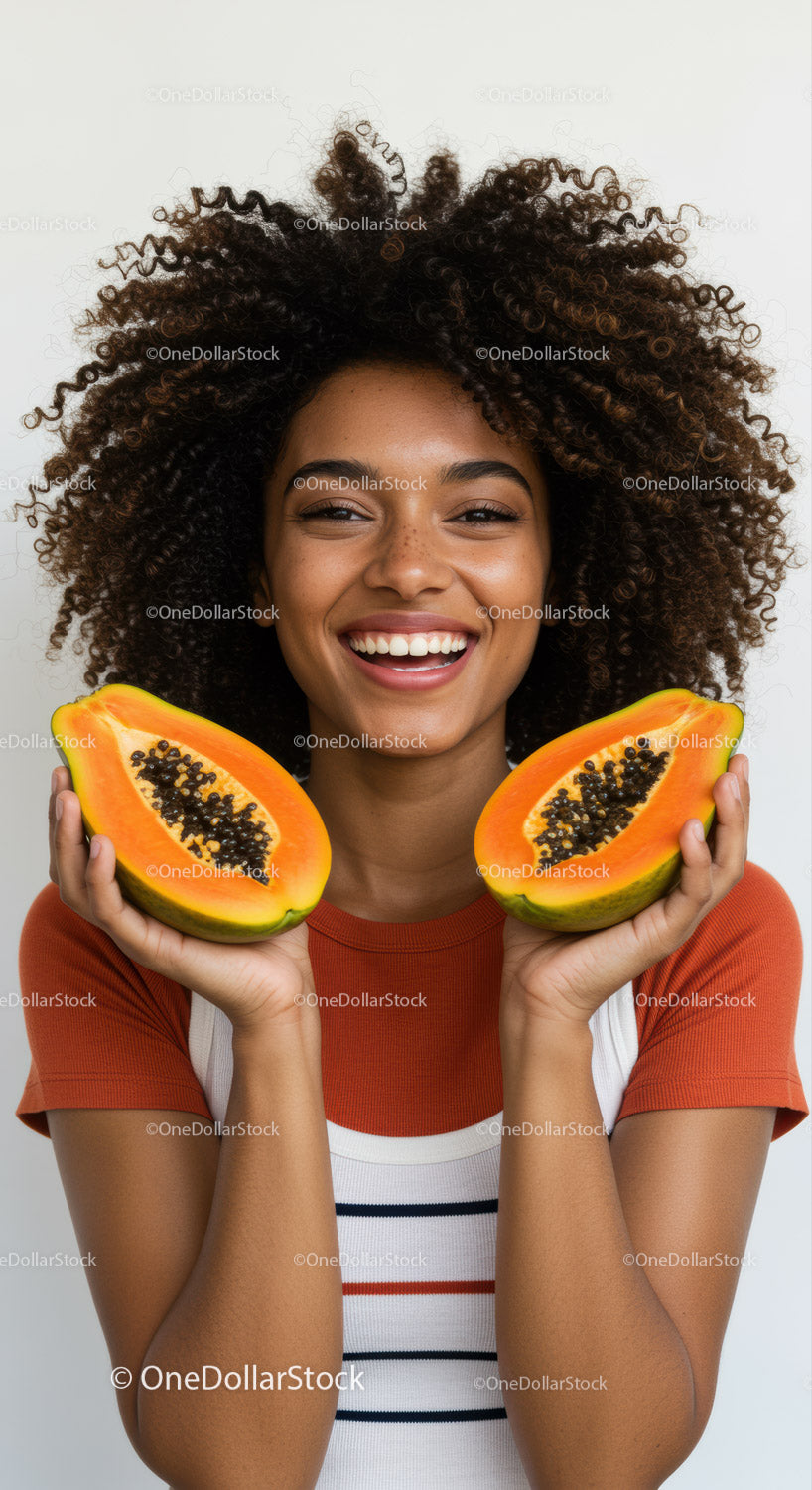 Vibrant Portrait of Woman Holding Fresh Papaya Slices with Bright Smile