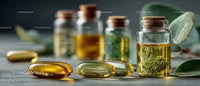 Herbal Supplements and Essential Oils in Glass Bottles and Capsules