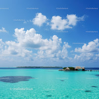Tropical Overwater Bungalows with Turquoise Sea and Clear Blue Sky