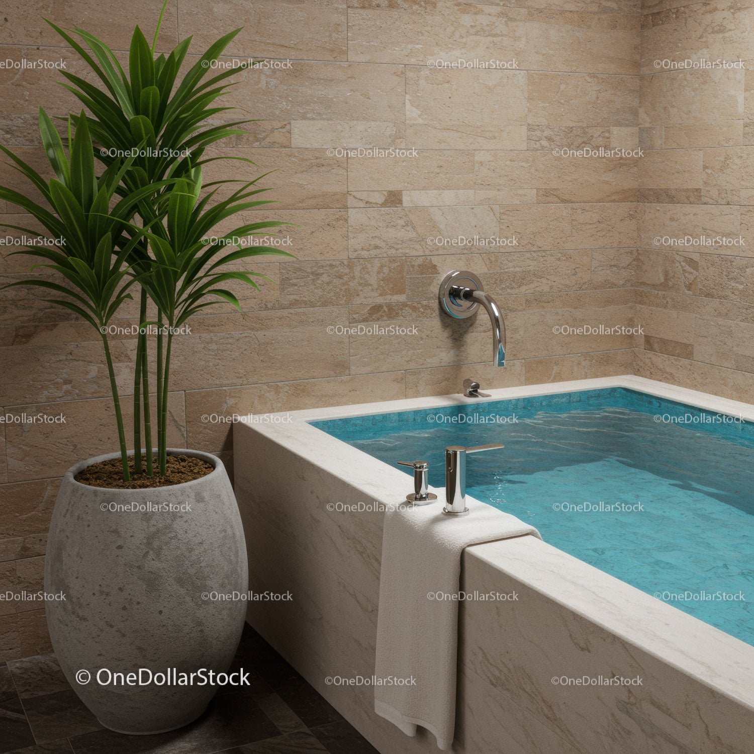 Luksusowa wanna SPA z płytkami kamiennymi i zieloną roślinnością dla relaksu