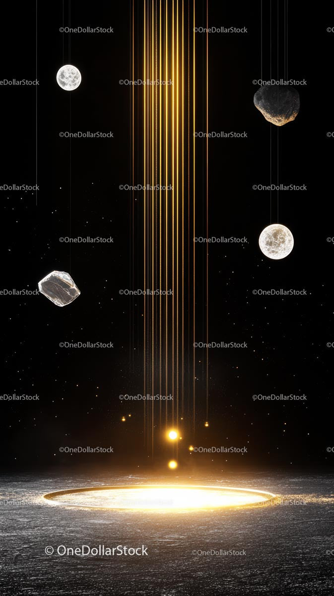 Futuristic Space Scene with Glowing Ring and Floating Planets