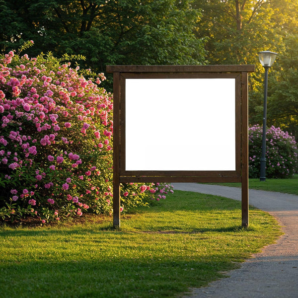 Empty wooden signboard in park with blooming roses JPG Mockup Image