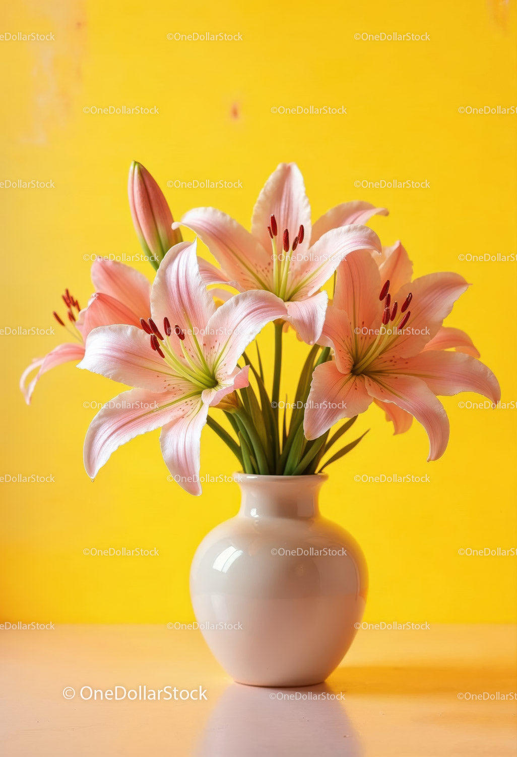 Pink Lily Bouquet in Elegant White Vase with Bright Yellow Background