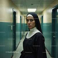 Confident Nurse in Hospital Corridor With Serious Expression