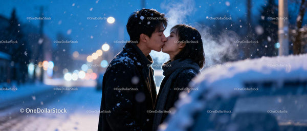 Couple Sharing a Tender Kiss in Snowy Winter Evening