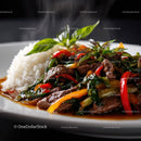 Stir-Fried Beef with Green Vegetables and Red Peppers on White Plate