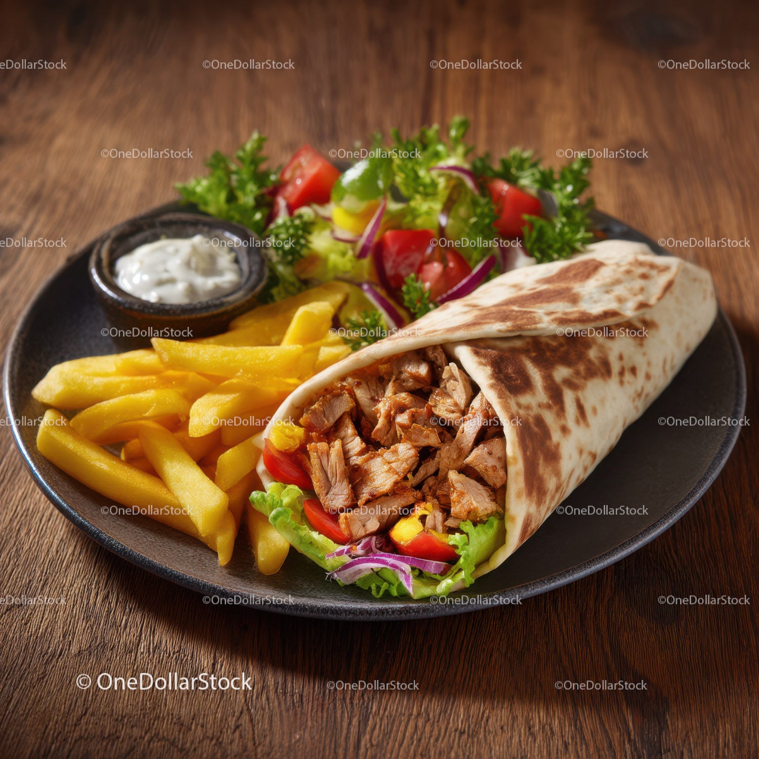 Delicious Meat Wrap with French Fries and Fresh Salad on Wooden Table