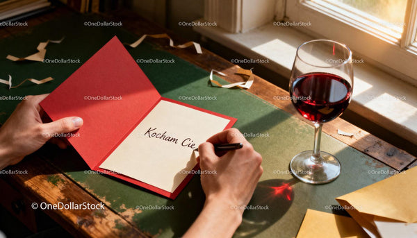 Handwriting a Love Note Beside Glass of Red Wine