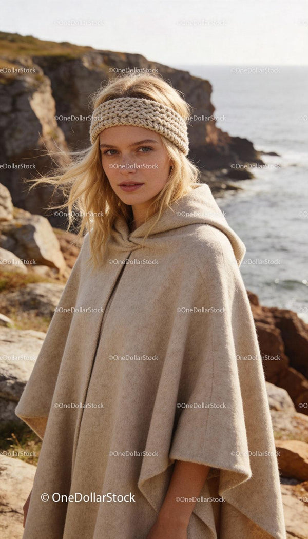 Blonde woman wearing knitted headband and cape outdoors