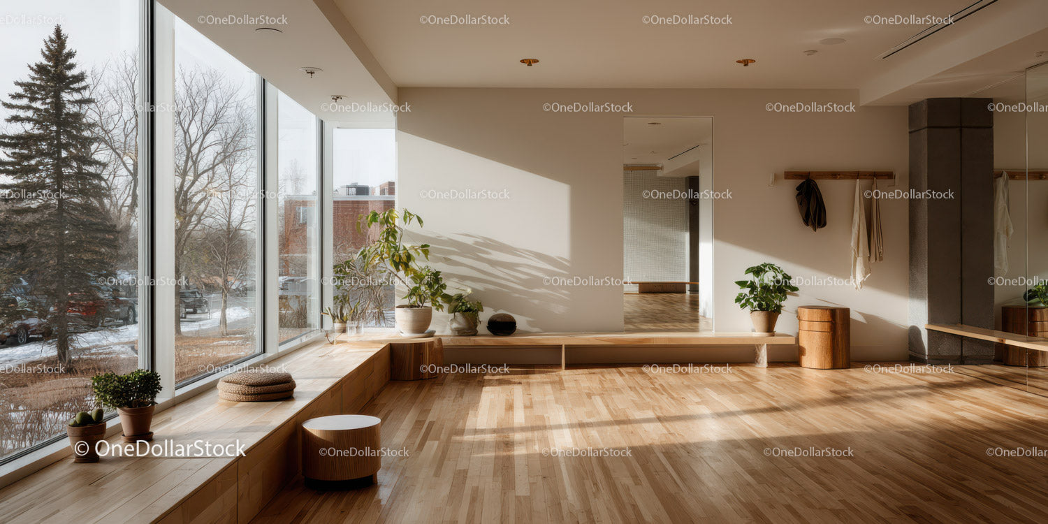 Bright Modern Interior with Large Windows and Wooden Flooring