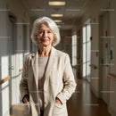 Confident Elderly Woman in White Blazer Standing in Healthcare Corridor