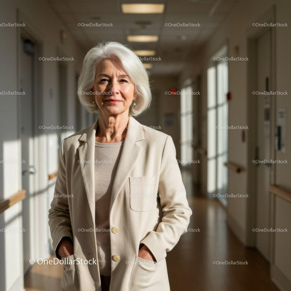 Confident Elderly Woman in White Blazer Standing in Healthcare Corridor