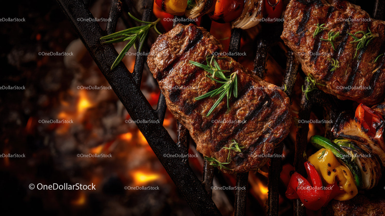 Grilled Barbecue Ribs with Fresh Herbs and Veggies on Hot Grill