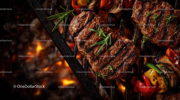 Grillowane żeberka barbecue ze świeżymi ziołami i warzywami na gorącym grillu