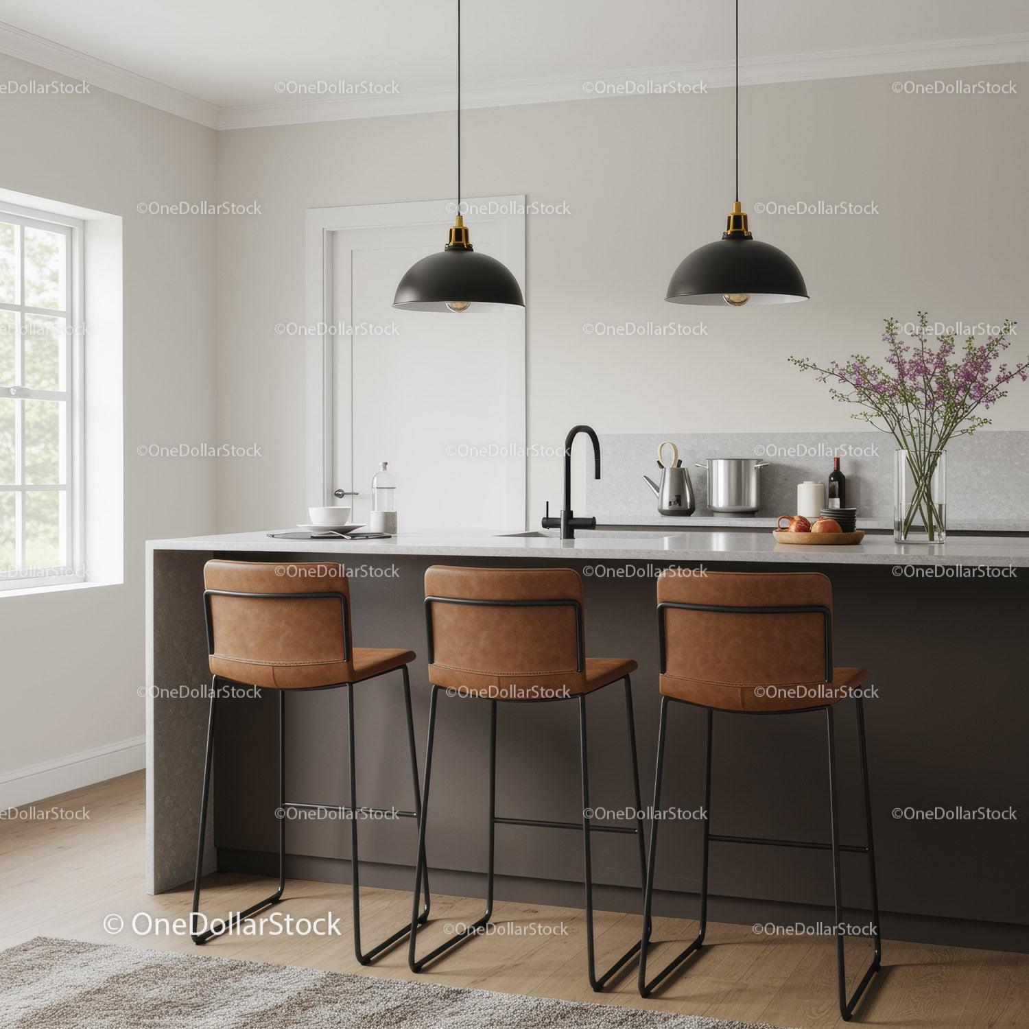 Contemporary Kitchen with Black Pendant Lights and Wooden Bar Stools
