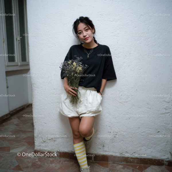 Casual Young Woman with Flowers Leaning Against White Wall