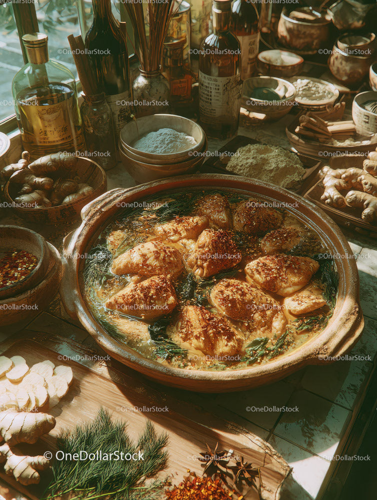 Clay Pot with Chicken and Herbs in Rustic Kitchen
