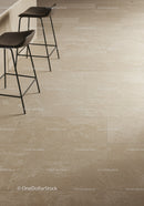 Beige Tile Floor with Modern Black Bar Stools in Stylish Interior