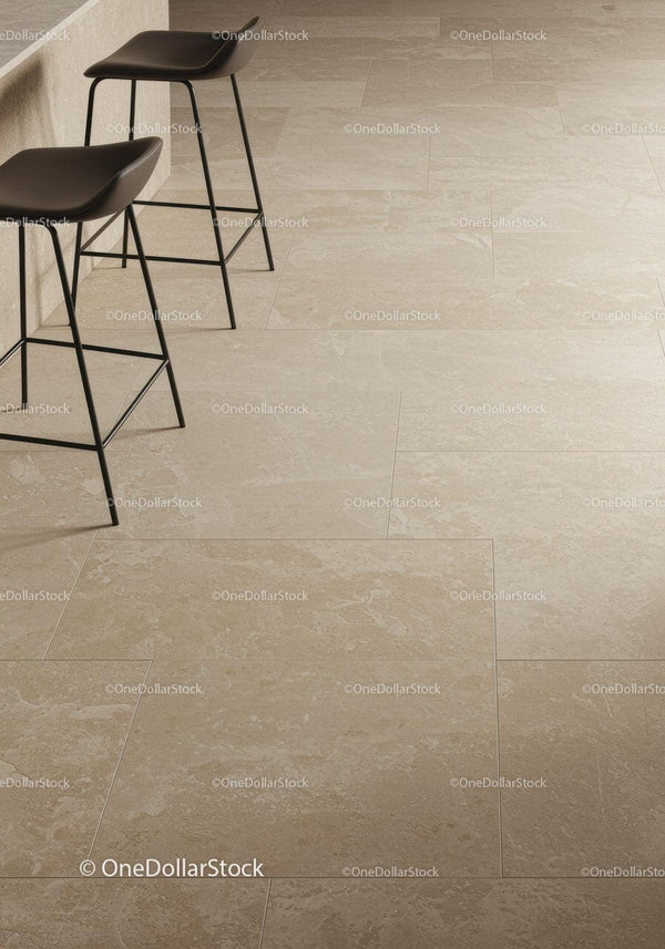 Beige Tile Floor with Modern Black Bar Stools in Stylish Interior
