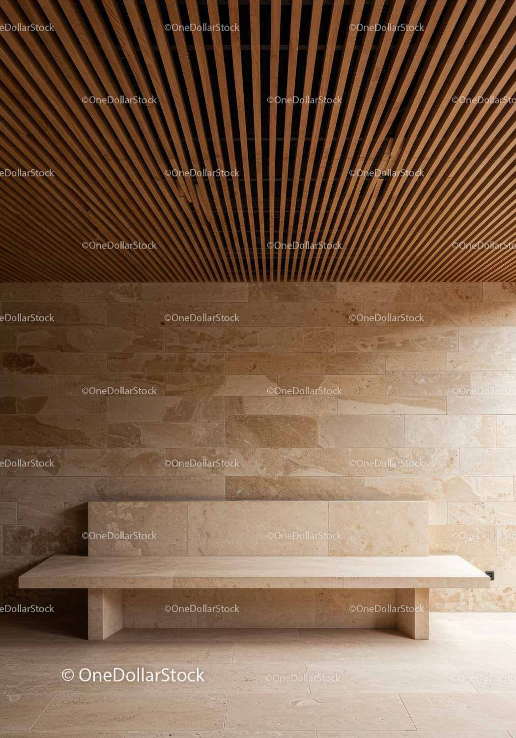 Contemporary Interior with Beige Stone Wall and Wooden Ceiling Slats
