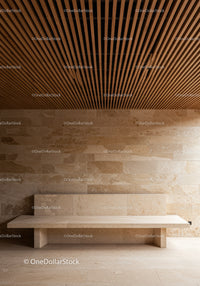 Contemporary Interior with Beige Stone Wall and Wooden Ceiling Slats
