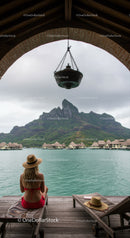 Tropical Mountain Overwater Bungalows with Relaxing Woman in Scenic Landscape