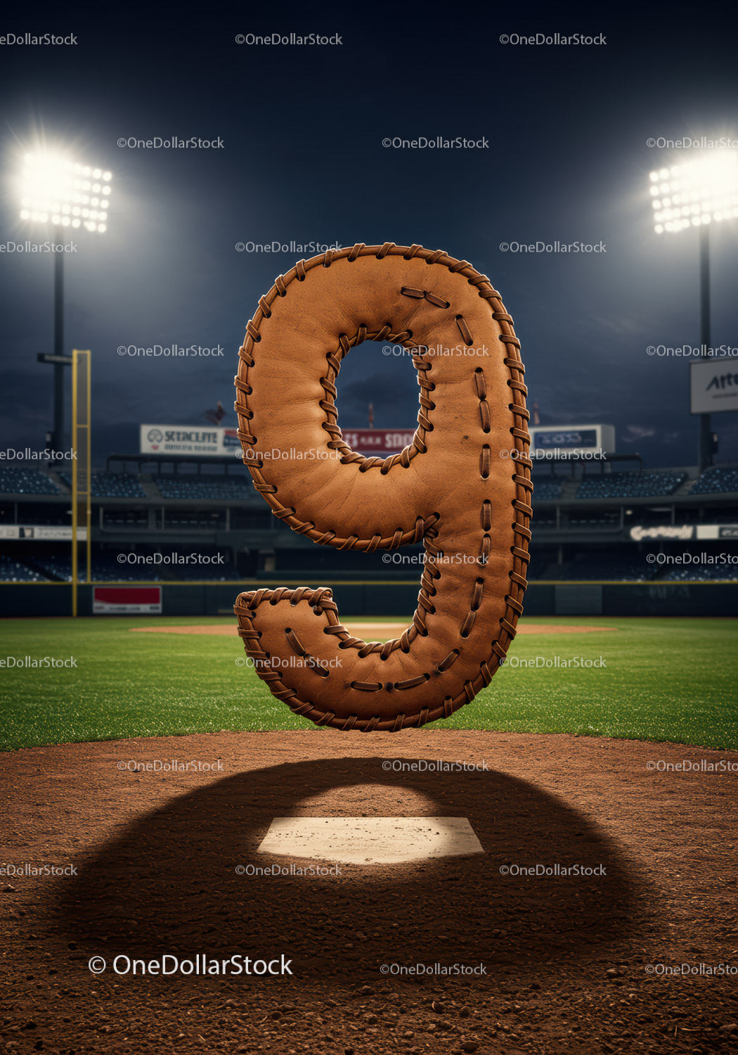 Leather baseball glove shaped as number nine on field