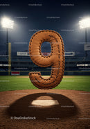Leather baseball glove shaped as number nine on field