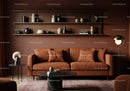 Modern living room with brown leather sofa and shelves