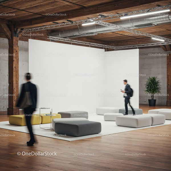 Modern lounge area in spacious industrial office interior JPG Mockup Image