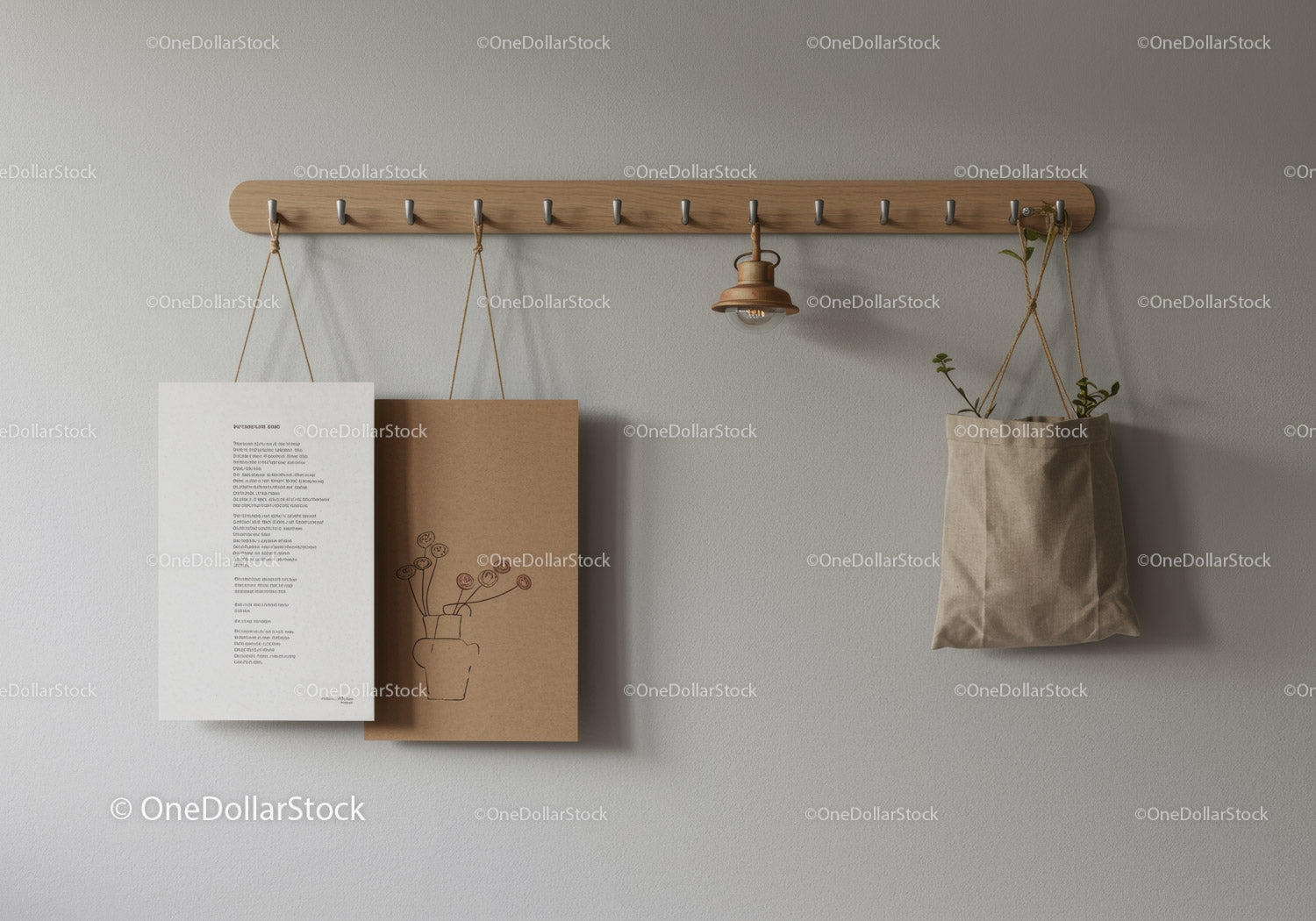 Minimalist Wooden Coat Hook with Hanging Plant Bag and Paper Art
