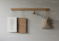Minimalist Wooden Coat Hook with Hanging Plant Bag and Paper Art