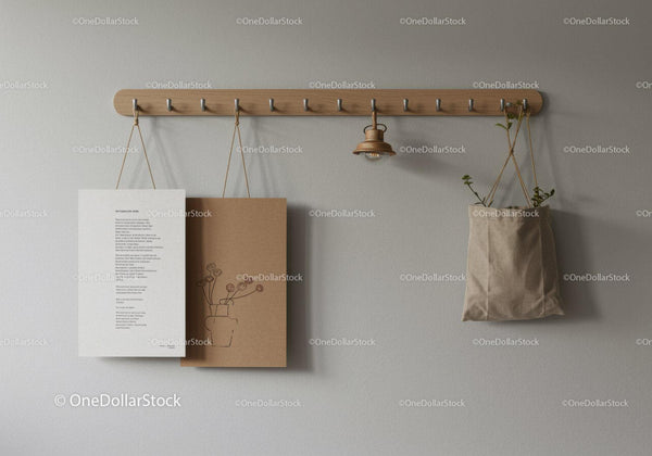 Minimalist Wooden Coat Hook with Hanging Plant Bag and Paper Art