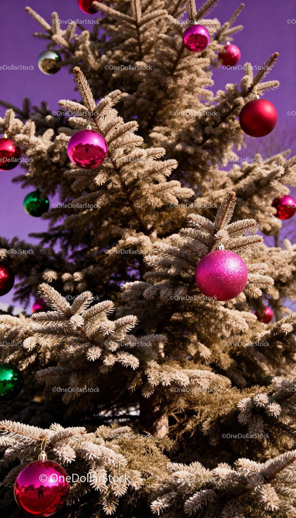 Frosted pine tree decorated with colorful Christmas ornaments