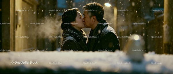 Couple sharing a tender kiss in snowy winter night