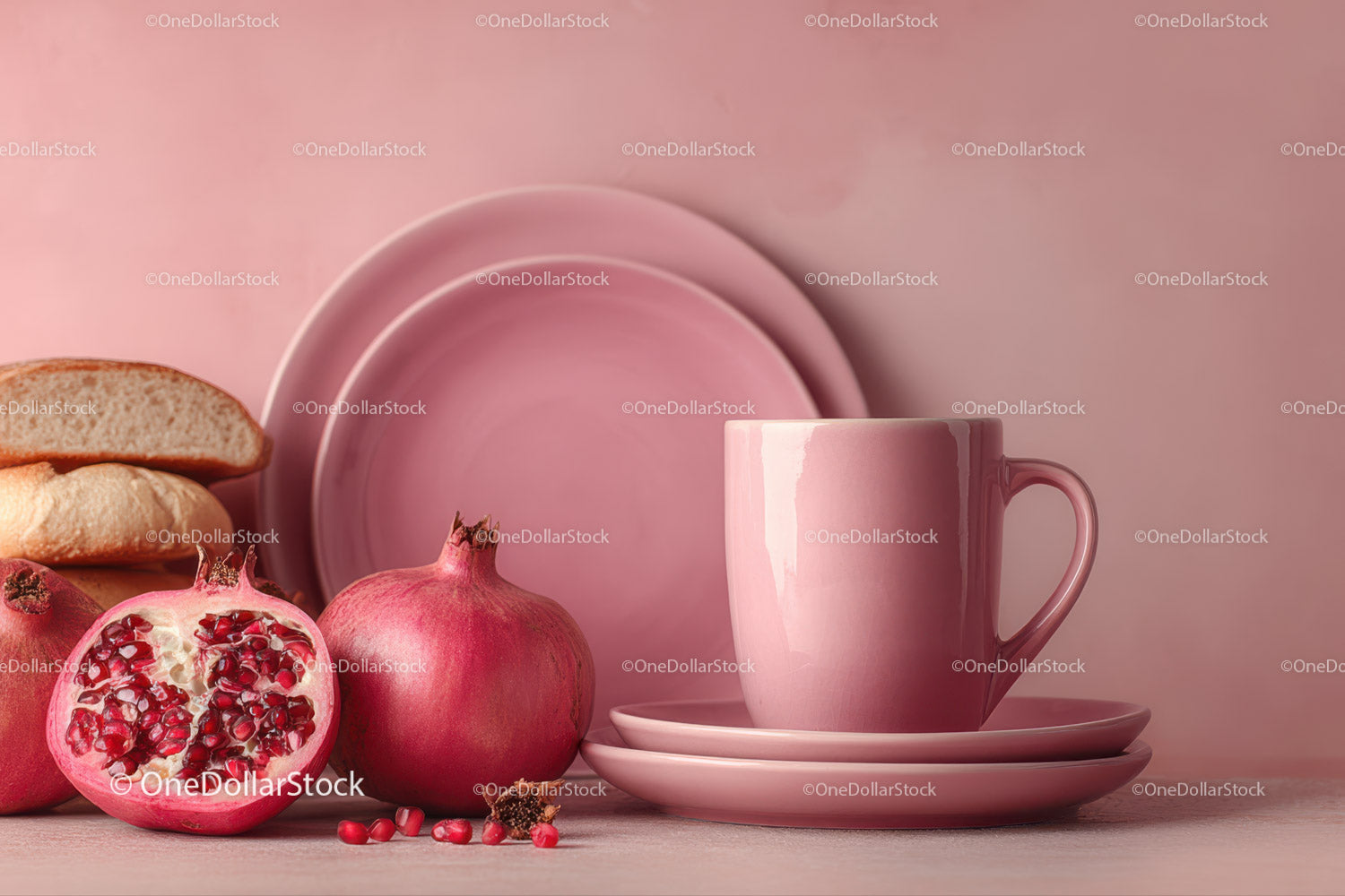 Pink Ceramic Mug with Pomegranates and Bread Slices in Minimalist Setting