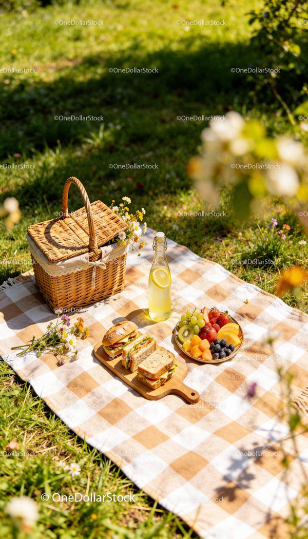 Świeża sceneria pikniku z kanapkami i talerzem owoców na zewnątrz