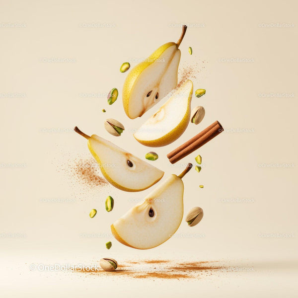 Sliced Pears with Pistachios and Cinnamon Sticks