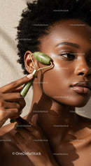 Close-Up of African Woman Using Jade Roller for Skin Rejuvenation
