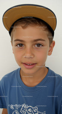 Young boy wearing baseball cap and casual blue t-shirt