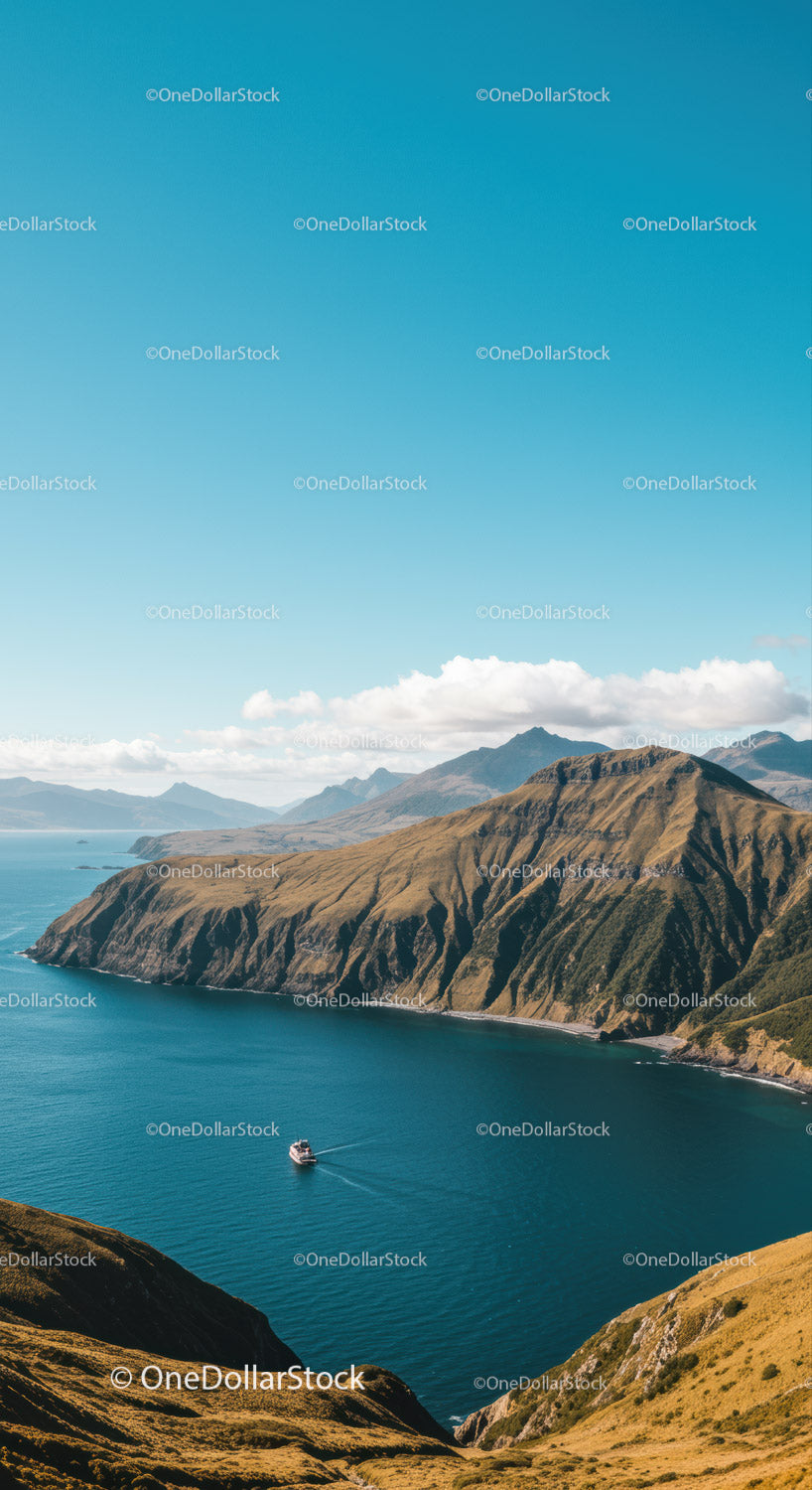 Majestic Mountain Range Over Serene Coastal Lake with Boat
