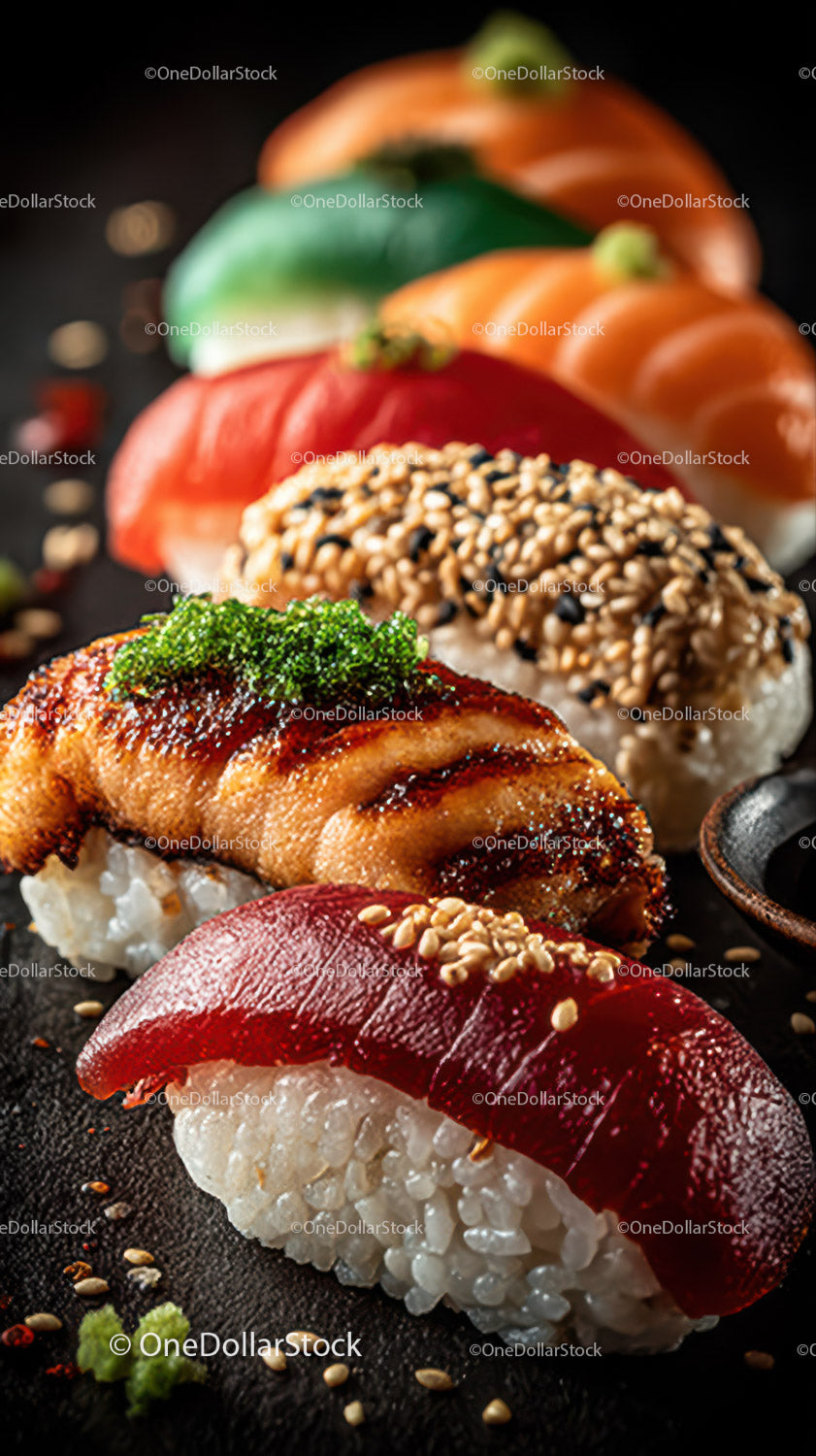 Assorted Sushi Nigiri with Salmon Tuna Sesame Seeds and Wasabi