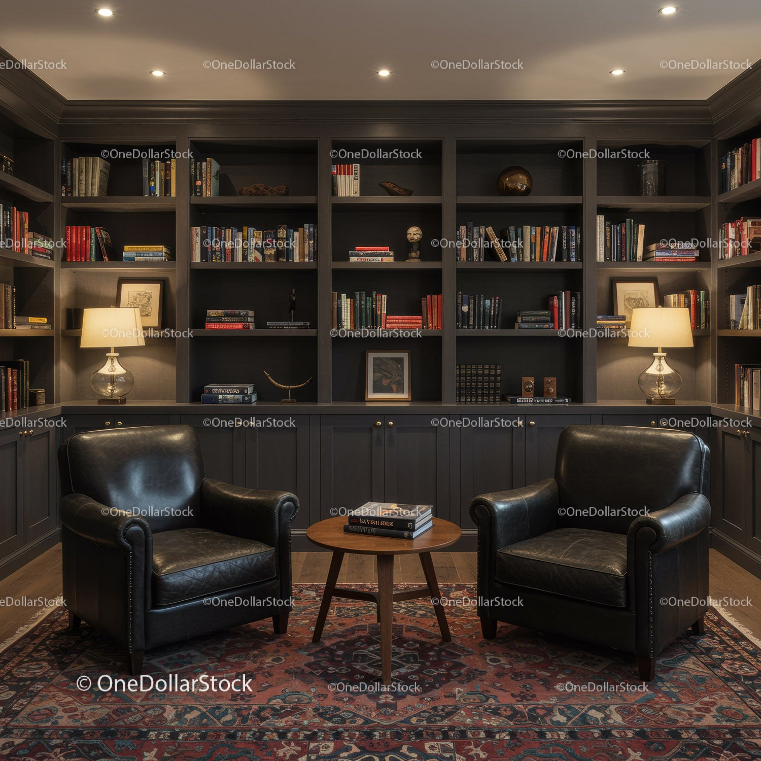 Cozy library corner with leather chairs and warm lighting