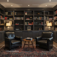 Cozy library corner with leather chairs and warm lighting