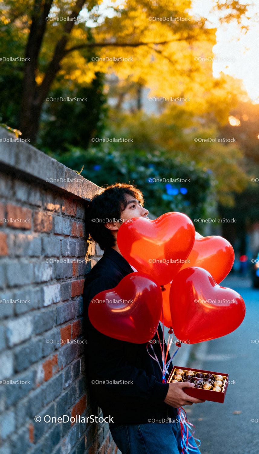 Young man holding heart balloons and chocolates at sunset