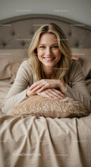 Smiling young woman relaxing on cozy bed at home