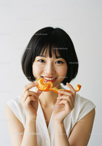 Joyful Woman Enjoying Fresh Tangerine in Bright Home Setting